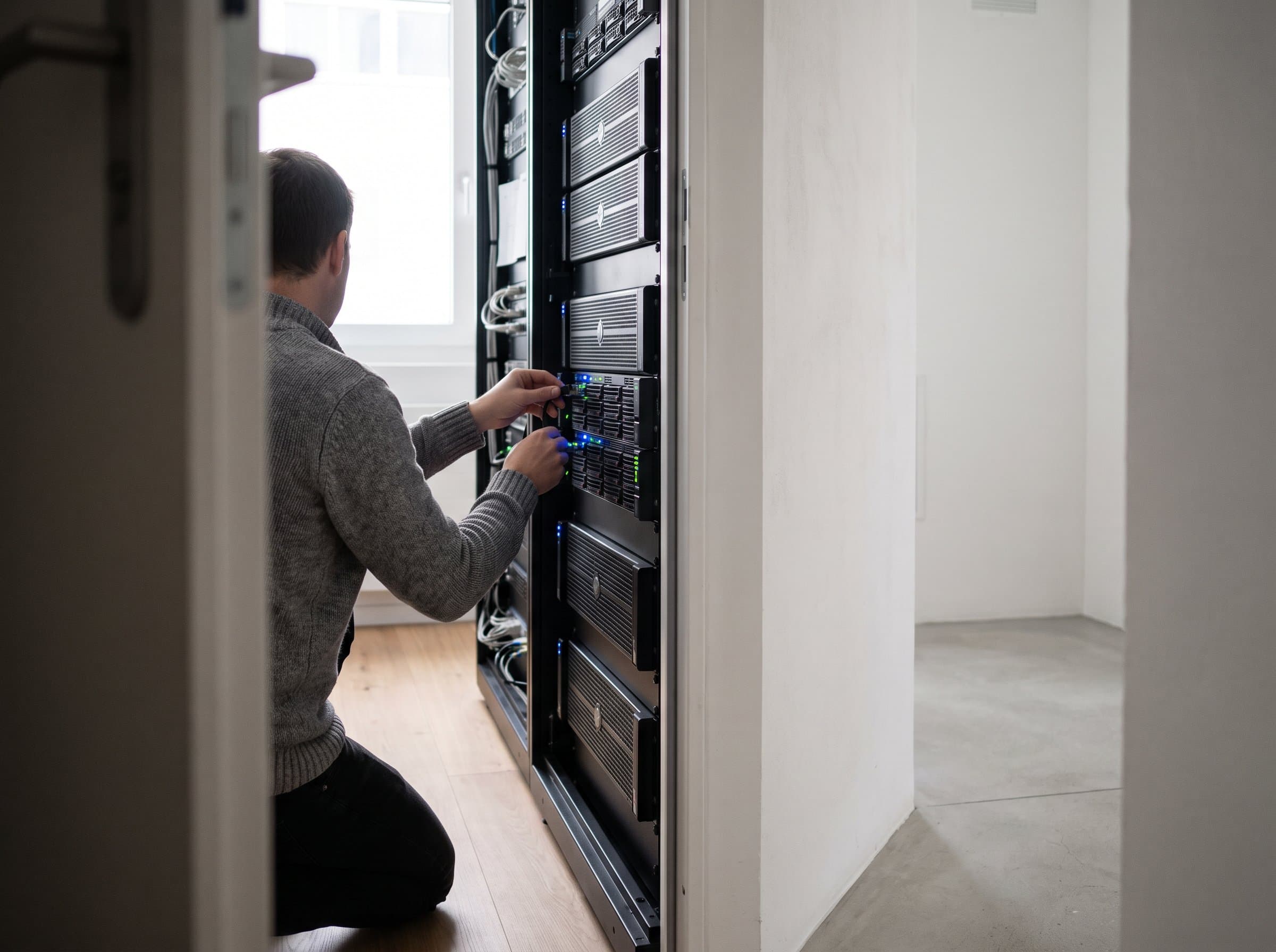 Blick von der Tür in einen ruhigen Serverraum, Kontrollleuchten an den Schränken
