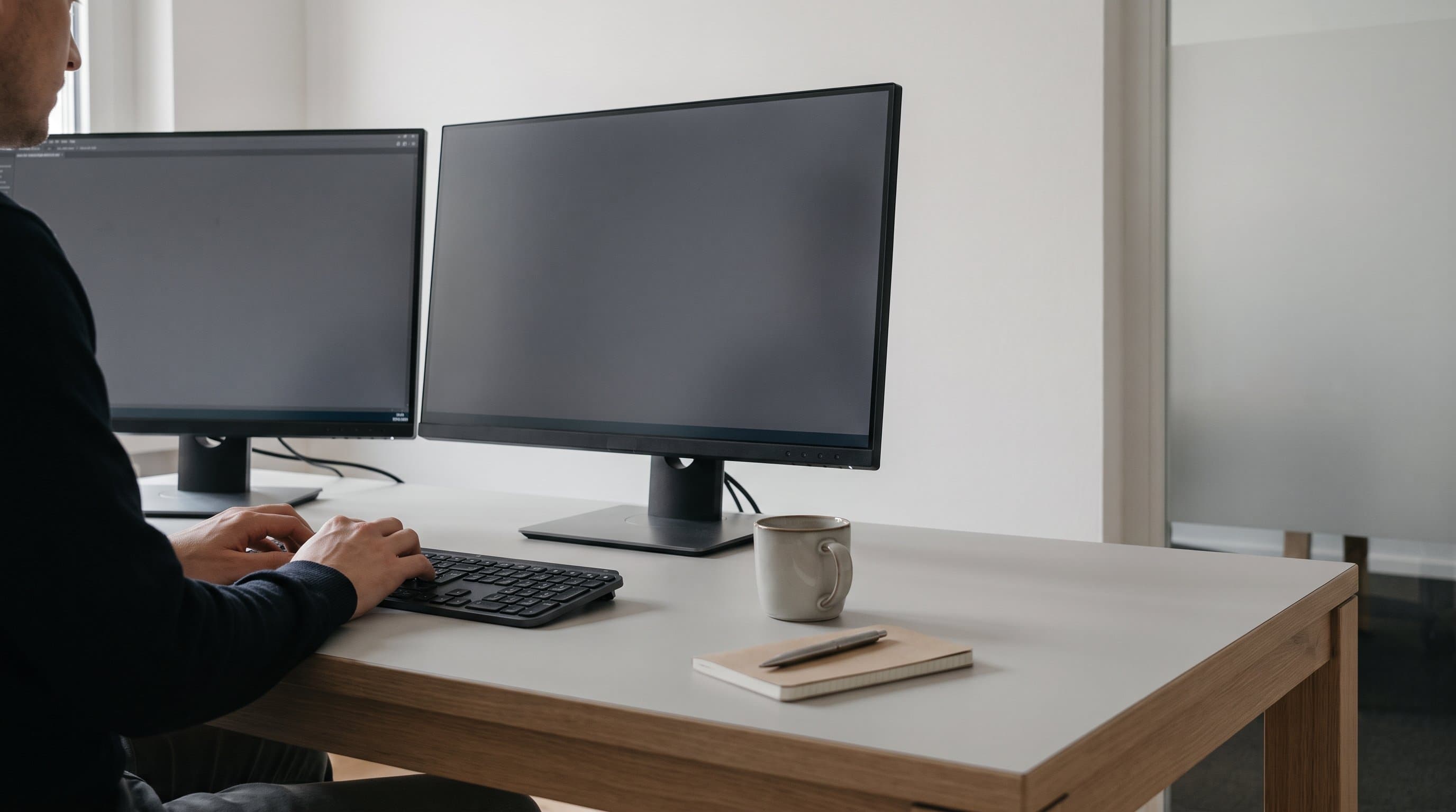 Blick über die Schulter auf einen Arbeitsplatz mit zwei Bildschirmen, die Hände auf der Tastatur