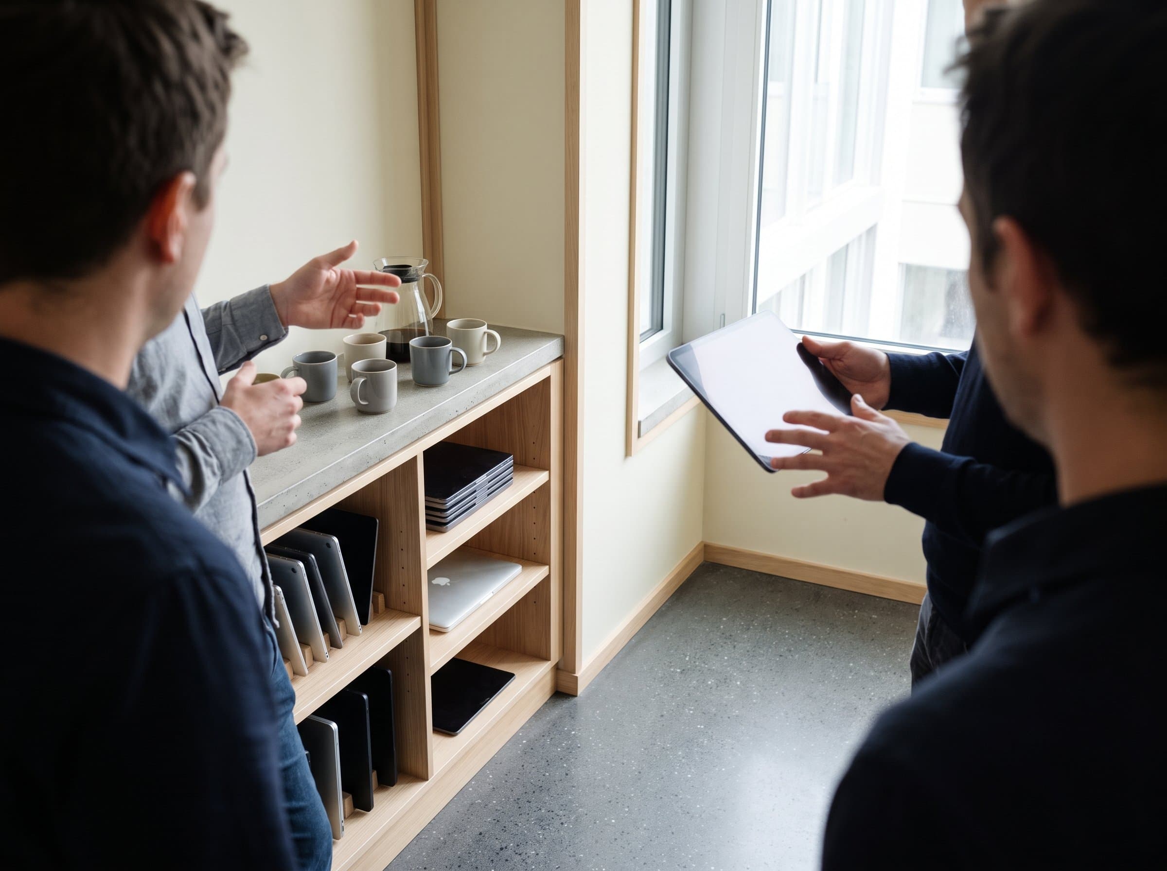 Kurze Besprechung am Morgen neben dem Regal mit Ersatzgeräten