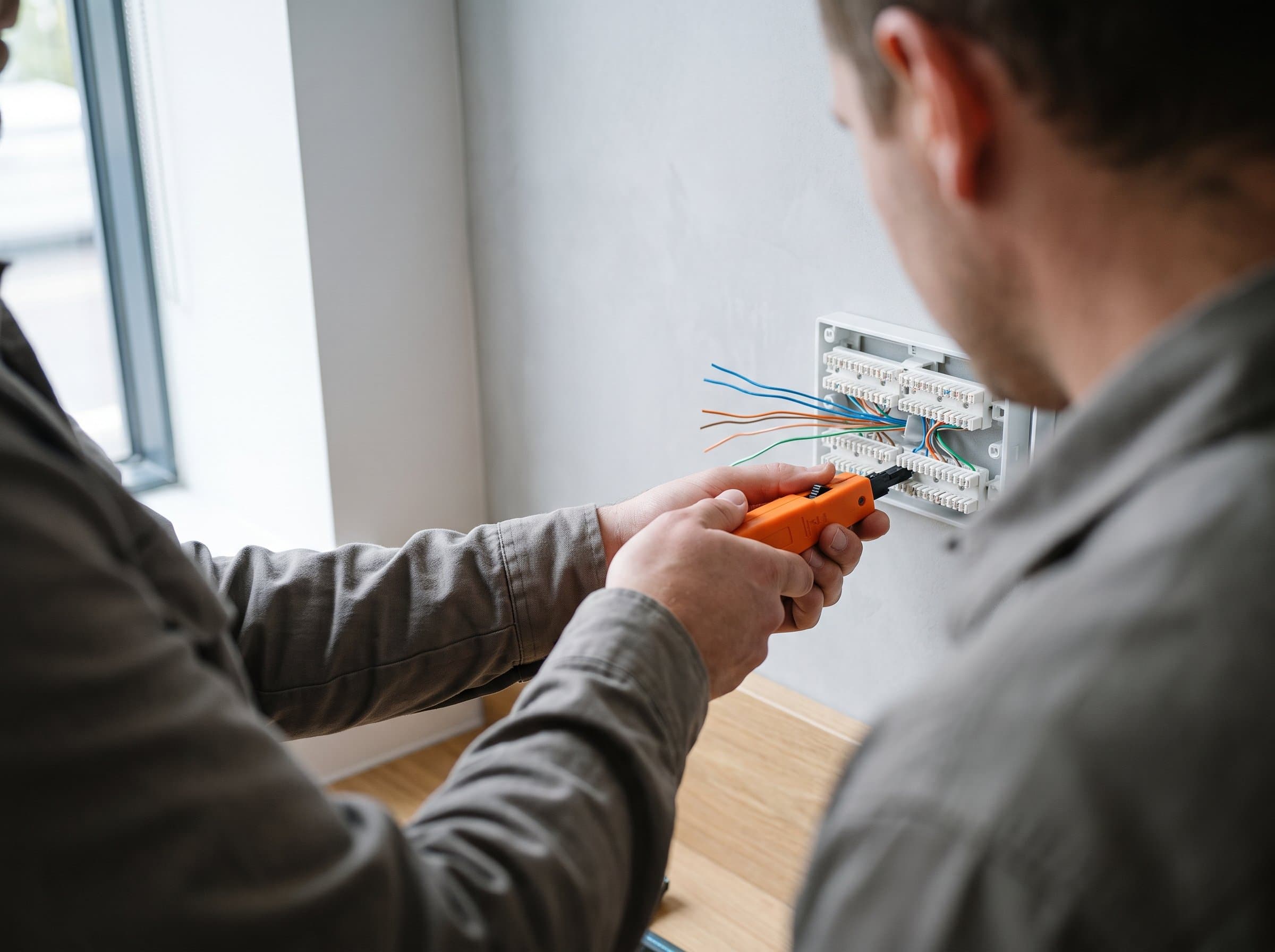 Eine Netzwerkdose wird aufgelegt, die Adern liegen der Reihe nach