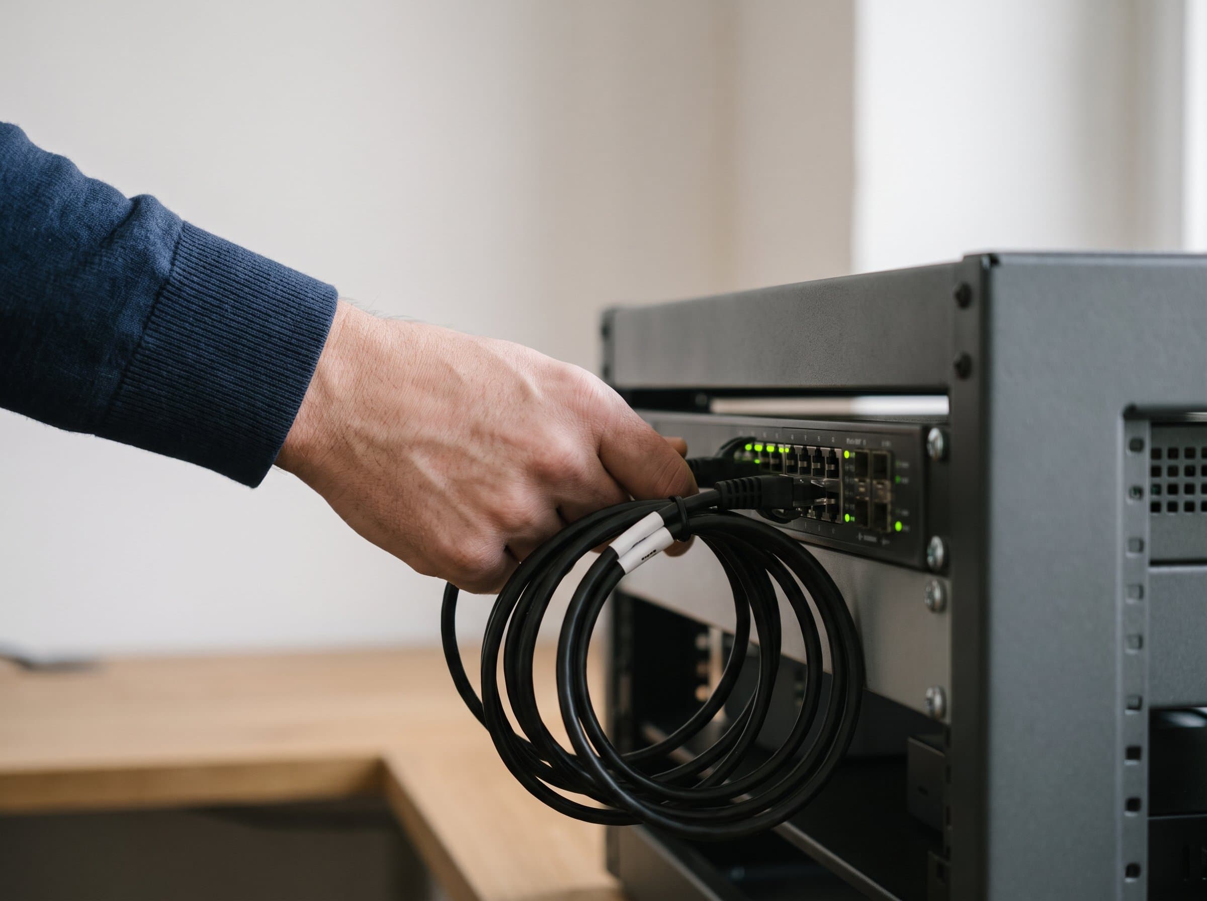Ein Patchkabel wird in den Switch gesteckt, die Ports leuchten in einer Reihe