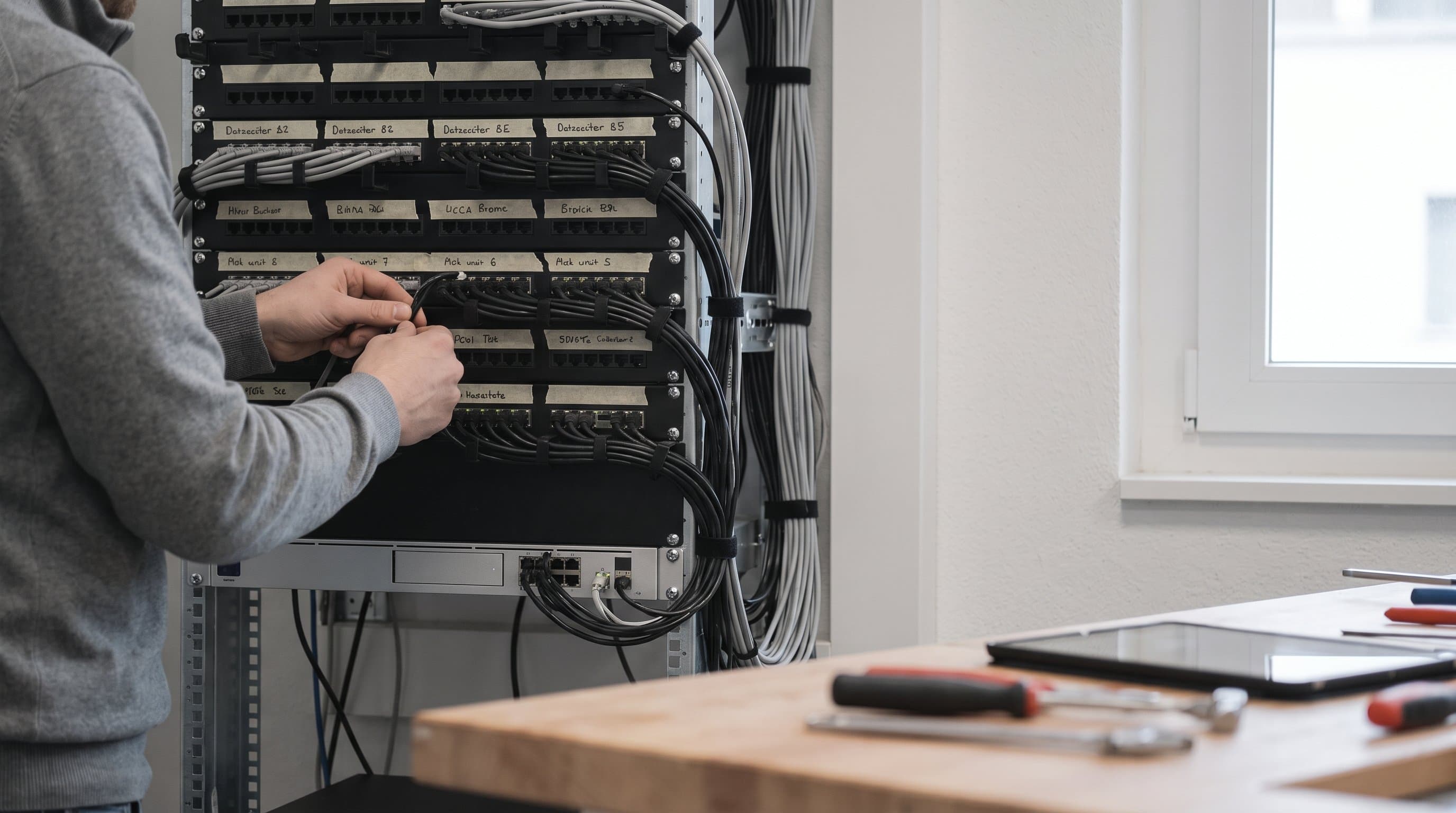 Ein Serverschrank mit gekämmten Kabelbündeln, die Portleisten unbeschriftet