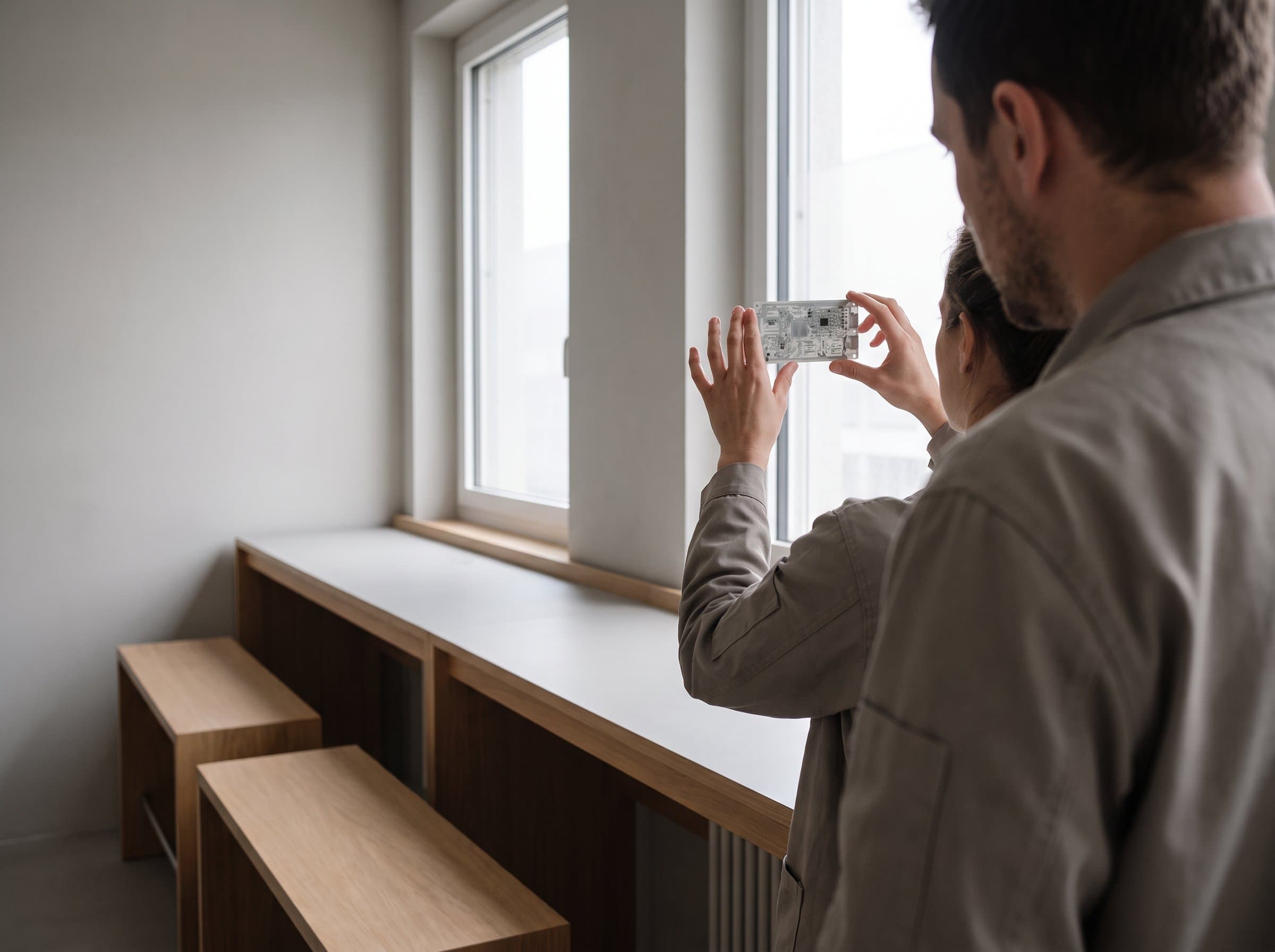 Eine Platine wird über der Antistatikmatte ins Licht gehalten